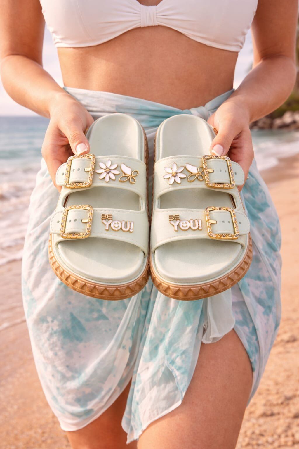 Pastel Gold Altın Toka Detaylı Yüksek Taban Kadın Terlik Plaj Kumsal Havuz Terlik MİNT YEŞİLİ - 38