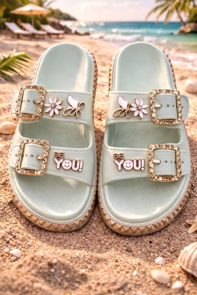 Pastel Gold Altın Toka Detaylı Yüksek Taban Kadın Terlik Plaj Kumsal Havuz Terlik MİNT YEŞİLİ - 40