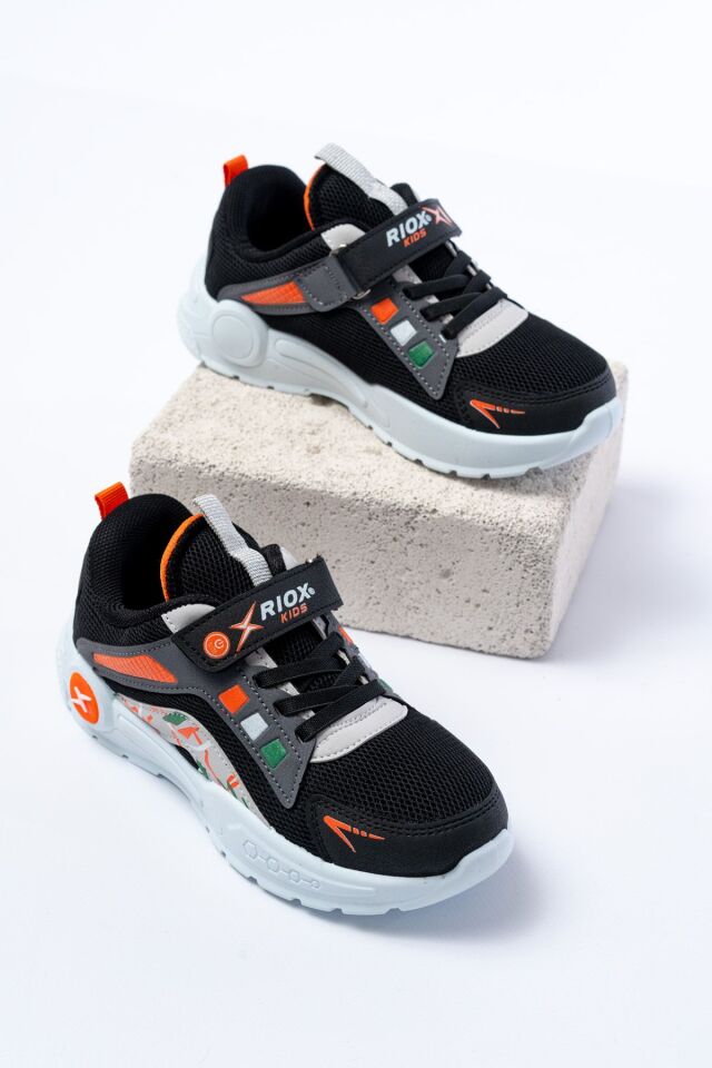 Unisex Çocuk Sneaker Ortopedik Taban Anorak File Hava Alır Günlük Rahat Hafif Esnek Spor Ayakkabı SİYAH-TURUNCU - 26