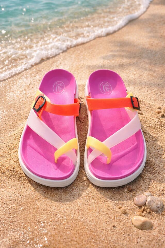 Kadın Rengarenk Kaydırmaz Taban Esnek ve Rahat Plaj Havuz Deniz Ev Bahçe Parmak Arası Terlik PEMBE - 40