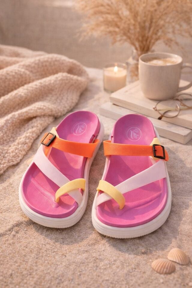 Kadın Rengarenk Kaydırmaz Taban Esnek ve Rahat Plaj Havuz Deniz Ev Bahçe Parmak Arası Terlik PEMBE - 40