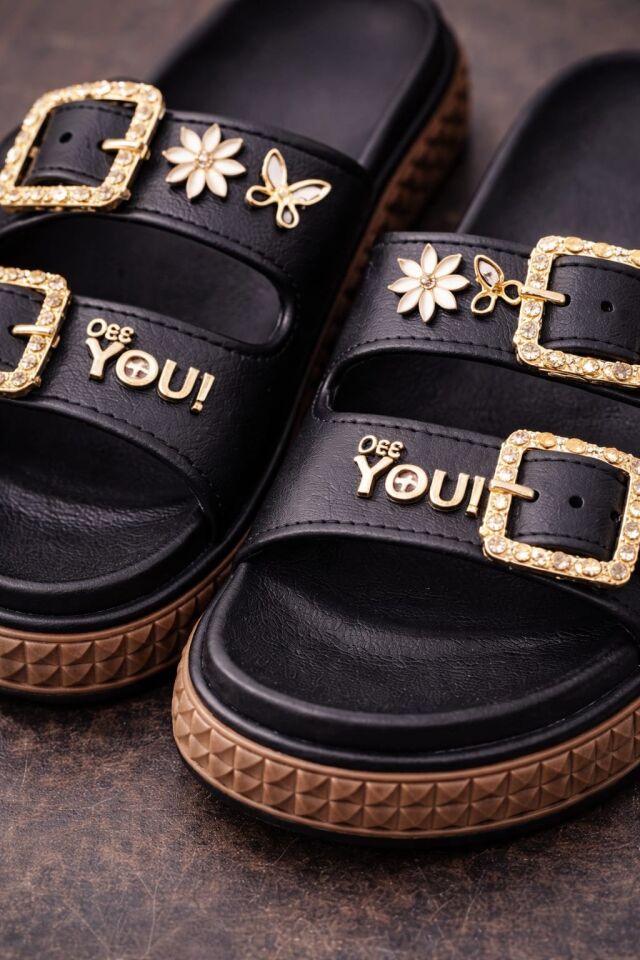 Pastel Gold Altın Toka Detaylı Yüksek Taban Kadın Terlik Plaj Kumsal Havuz Terlik SİYAH - 40