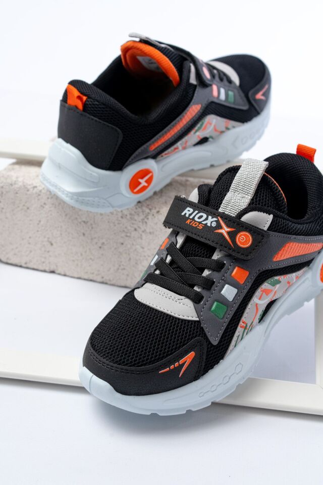 Unisex Çocuk Sneaker Ortopedik Taban Anorak File Hava Alır Günlük Rahat Hafif Esnek Spor Ayakkabı SİYAH-TURUNCU - 33