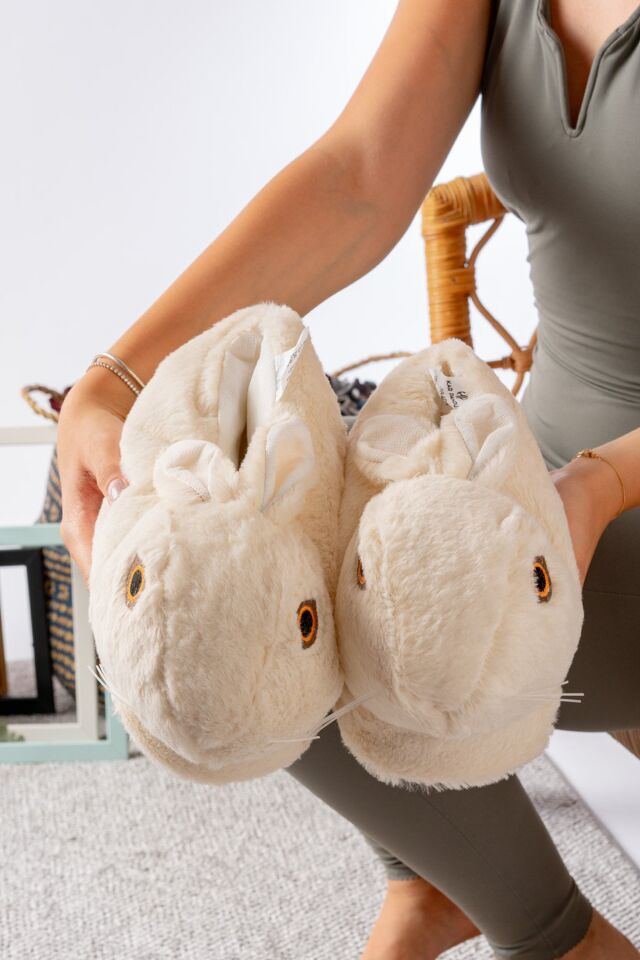Tavşan Figürlü Gri Peluş Panduf Ev Pandufu Unisex EKRU - 36-38