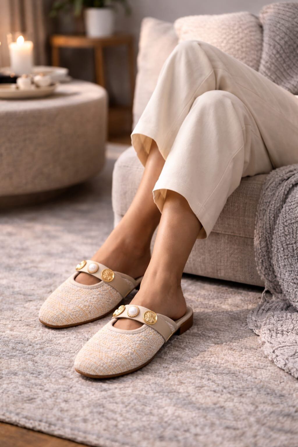 İnci ve Gold Tokalı Ekose Dokulu Şık Kadın Terlik Ev Terliği KREM-ALTIN - 38
