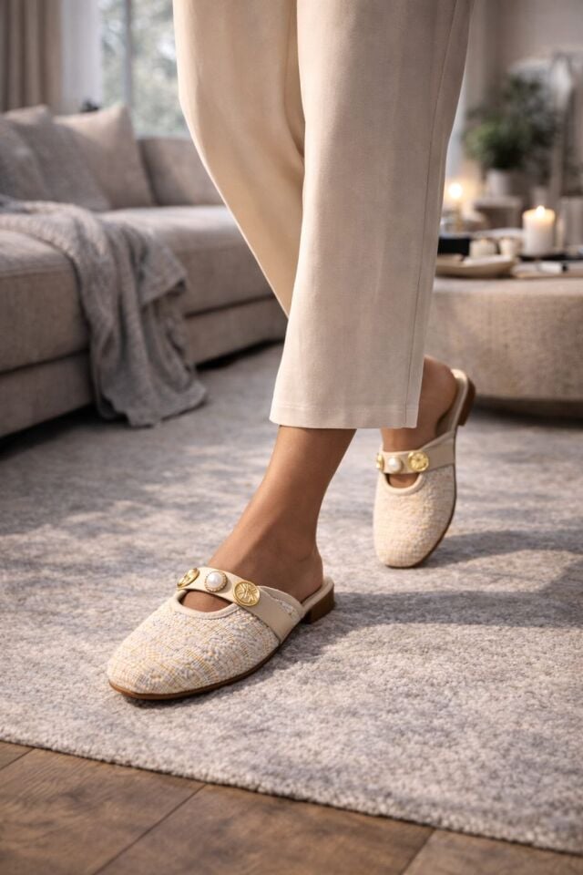 İnci ve Gold Tokalı Ekose Dokulu Şık Kadın Terlik Ev Terliği KREM-ALTIN - 38