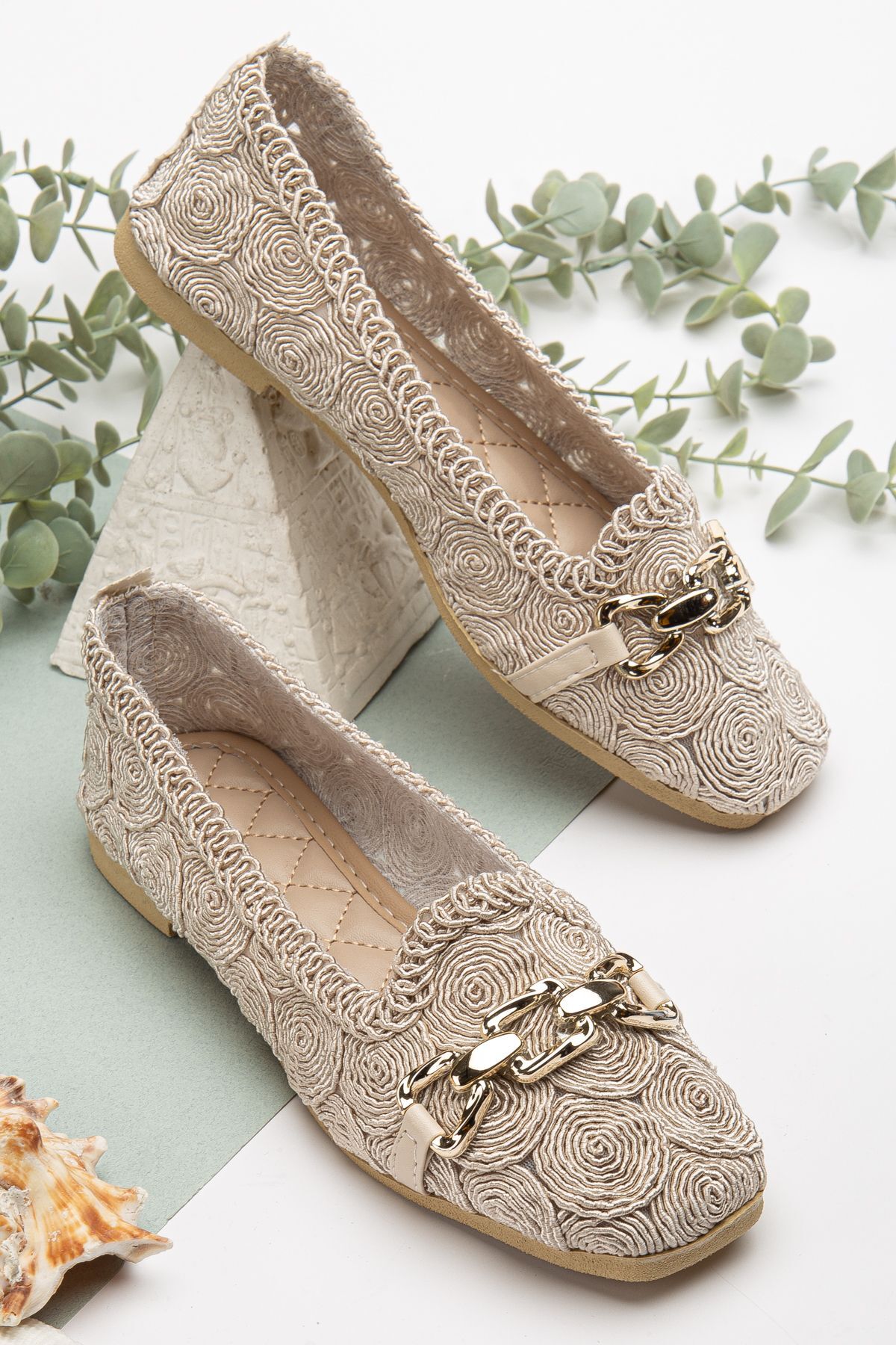 Kadın Zincir Detaylı Örme Babet Ayakkabı Kadın Ayakkabı Günlük Ayakkabı BEJ - 37