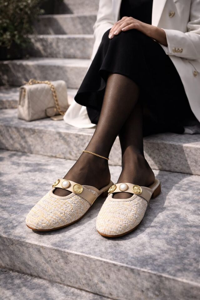 İnci ve Gold Tokalı Ekose Dokulu Şık Kadın Terlik Ev Terliği KREM-ALTIN - 40