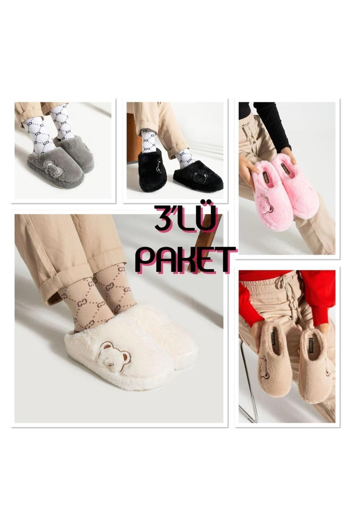 3'lü Paket Terlik Ev Terliği Çeyiz Bohça Seti ÜÇLÜ AYICIK - 36-37