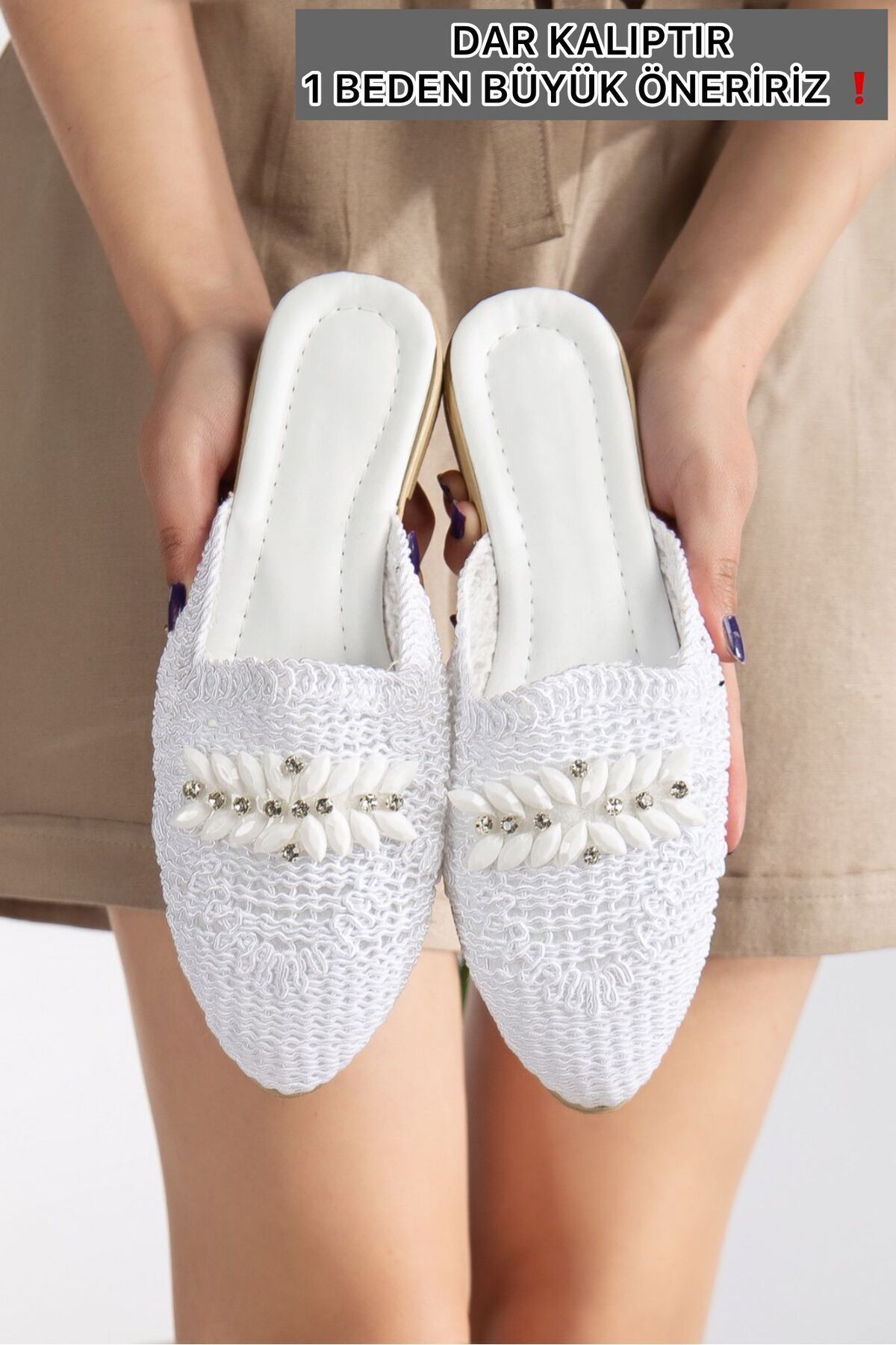 Kadın Hasır Terlik Önü Kapalı Örgü Dantel Taş Detaylı Şık Yazlık Ev Plaj Tatil Terliği BEYAZ - 40