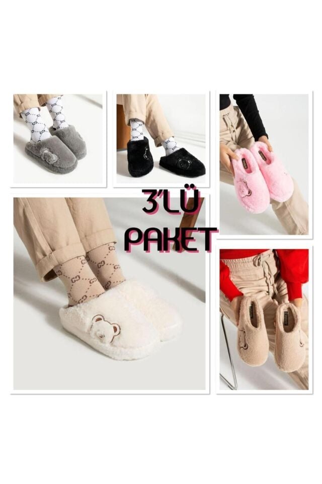 3'lü Paket Terlik Ev Terliği Çeyiz Bohça Seti ÜÇLÜ AYICIK - 40-41