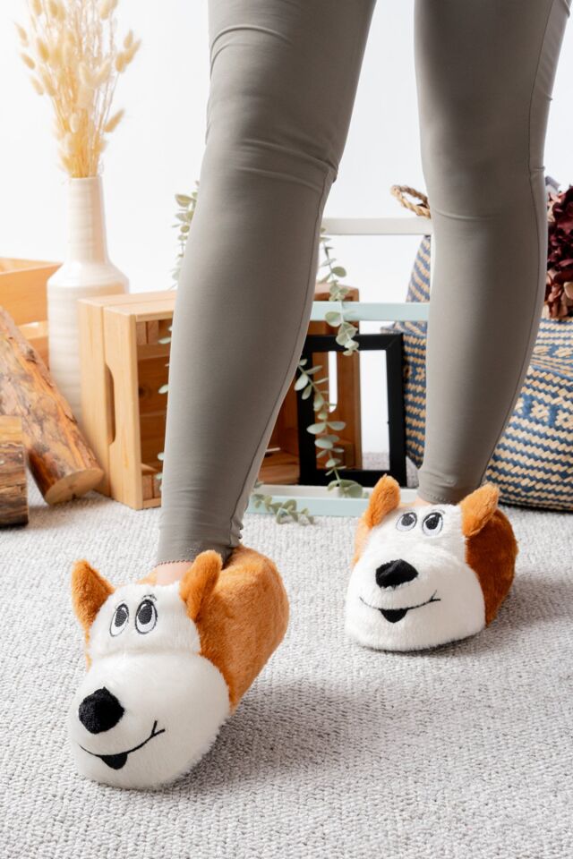 Köpek Figürlü Pudra Peluş Panduf Ev Pandufu Çizgili Taba - 38-40