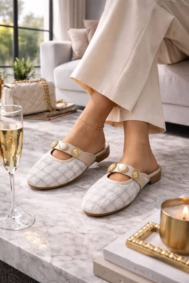 İnci ve Gold Tokalı Ekose Dokulu Şık Kadın Terlik Ev Terliği İnci ve Gold Tokalı Ekose Dokulu Şık Kadın Terlik Ev Terliği