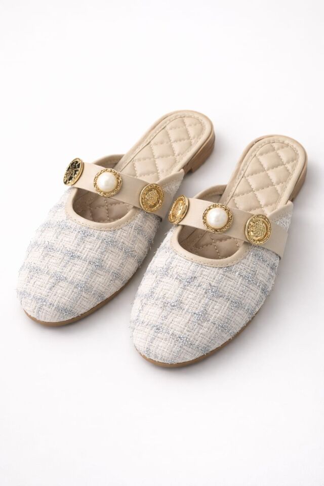 İnci ve Gold Tokalı Ekose Dokulu Şık Kadın Terlik Ev Terliği KREM-GRİ - 40