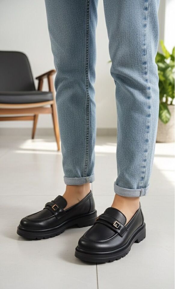 Kadın Kalın Taban Ortopedik Comfort Taban Deri Görünümlü Loafer – Siyah 702-SİYAH - 38