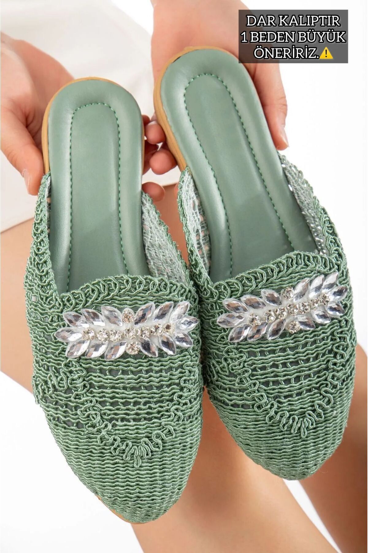 Kadın Hasır Terlik Önü Kapalı Örgü Dantel Taş Detaylı Şık Yazlık Ev Plaj Tatil Terliği HAKİ - 38
