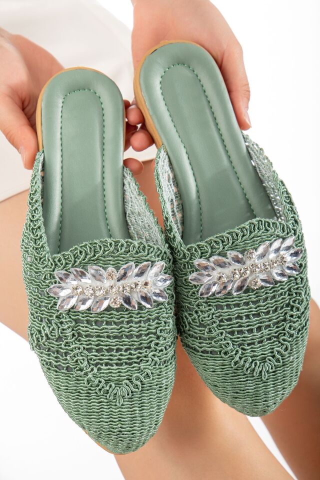 Kadın Hasır Terlik Önü Kapalı Örgü Dantel Taş Detaylı Şık Yazlık Ev Plaj Tatil Terliği HAKİ - 38