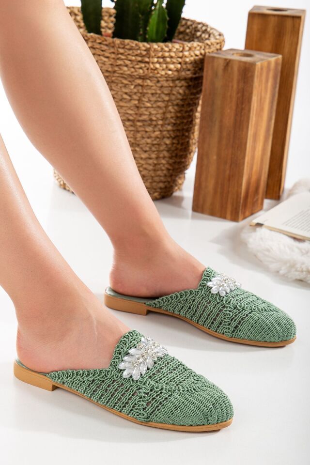 Kadın Hasır Terlik Önü Kapalı Örgü Dantel Taş Detaylı Şık Yazlık Ev Plaj Tatil Terliği HAKİ - 38