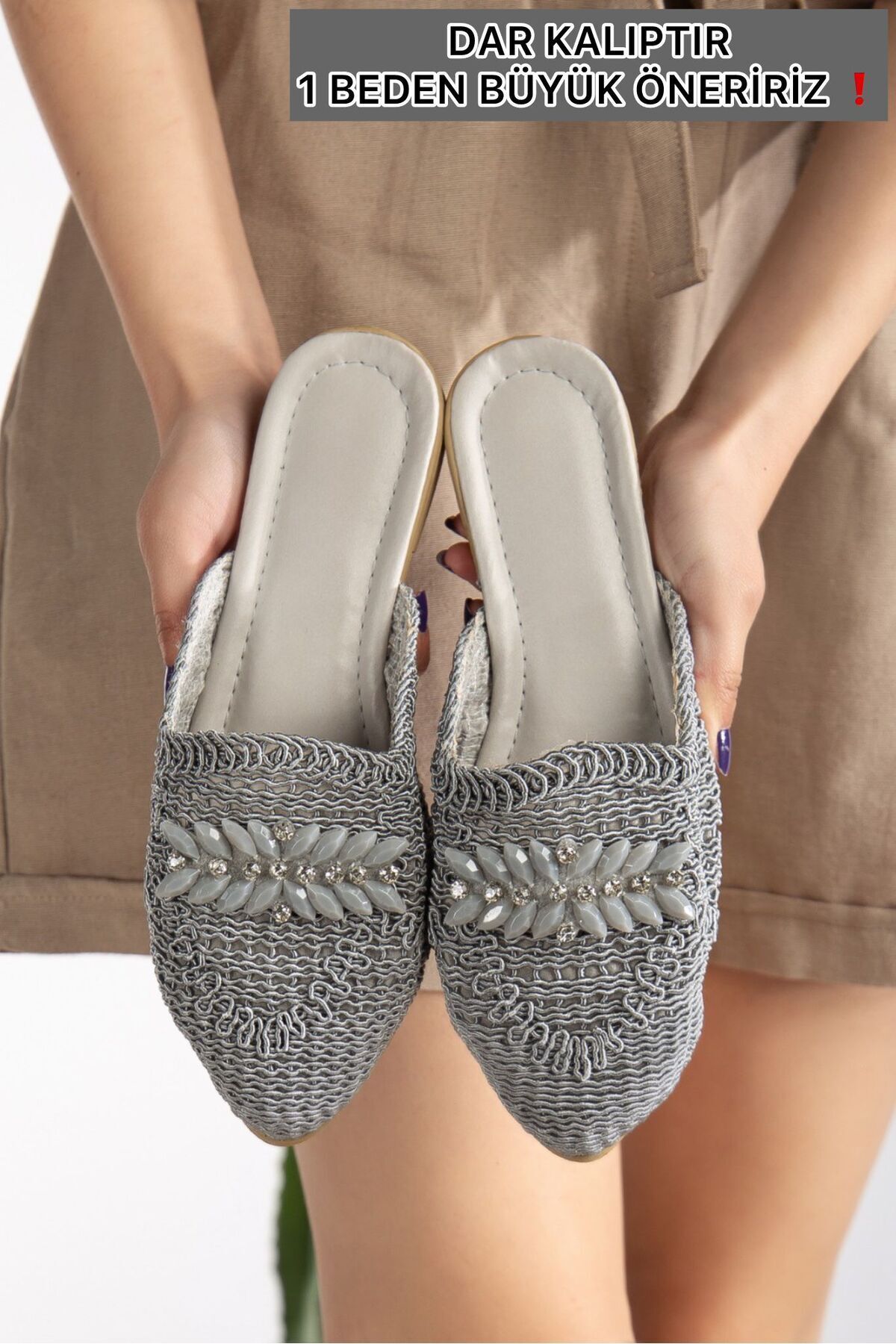 Kadın Hasır Terlik Önü Kapalı Örgü Dantel Taş Detaylı Şık Yazlık Ev Plaj Tatil Terliği GRİ - 37
