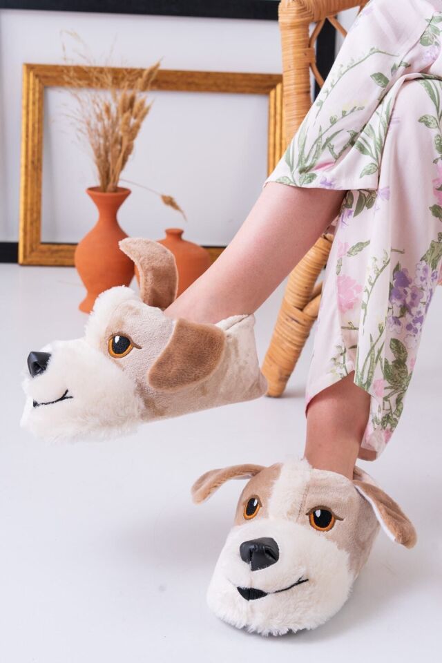 Köpek Figürlü Pudra Peluş Panduf Ev Pandufu KREM - 40/42