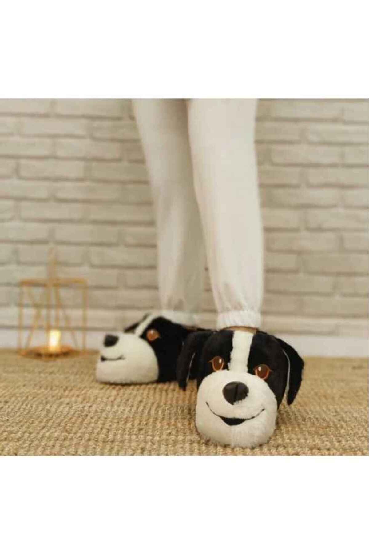 Köpek Figürlü Pudra Peluş Panduf Ev Pandufu SİYAH - 36-38