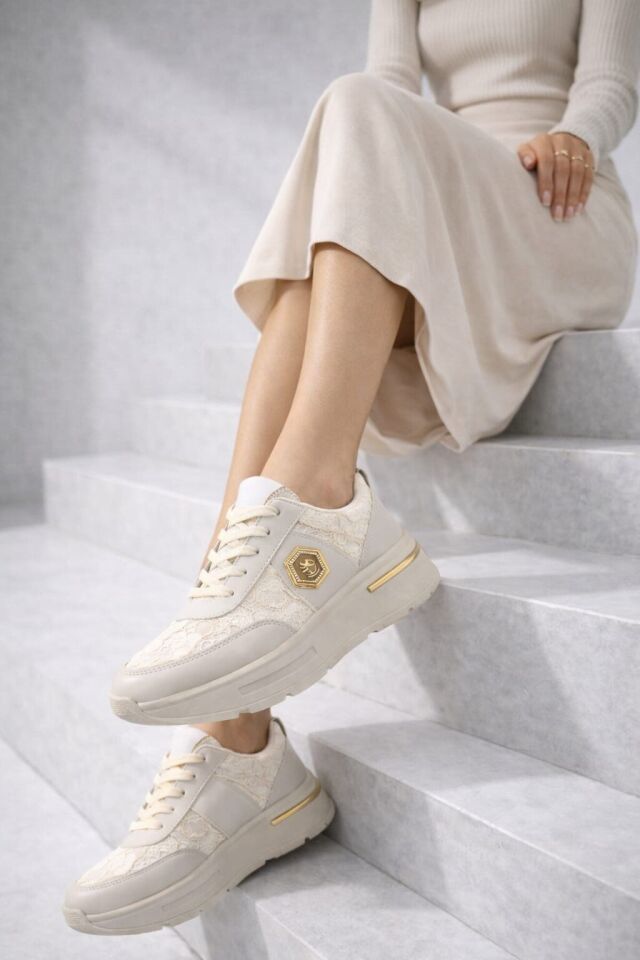 Dantel Detaylı Trend 5 Cm Platform Yüksek Taban Kadın Sneaker Spor Ayakkabı KREM - 36