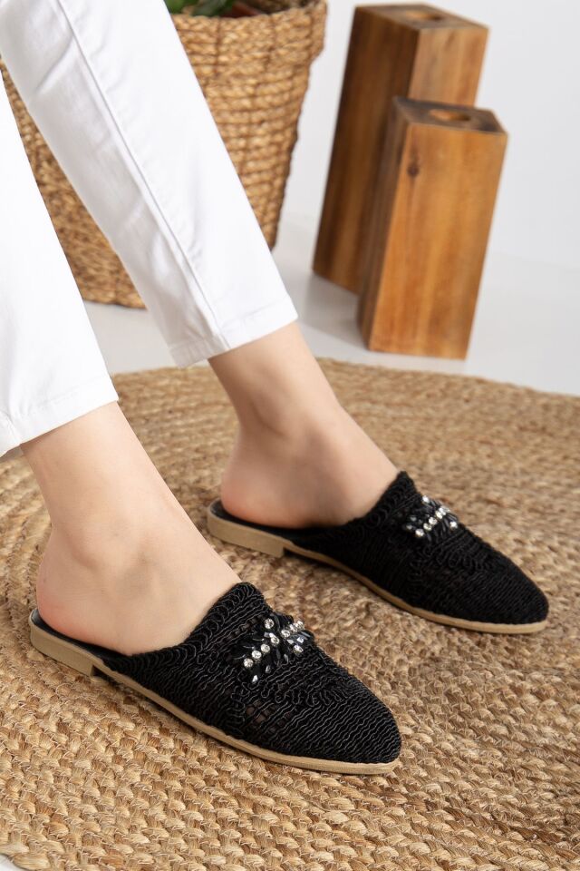 Kadın Hasır Terlik Önü Kapalı Örgü Dantel Taş Detaylı Şık Yazlık Ev Plaj Tatil Terliği SİYAH - 37