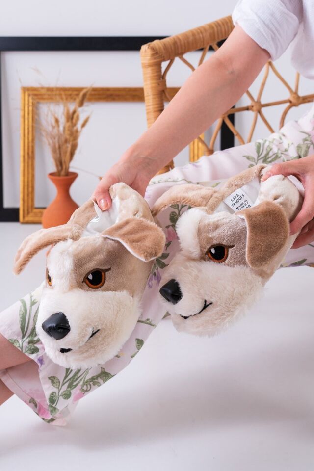 Köpek Figürlü Pudra Peluş Panduf Ev Pandufu KREM - 38-40