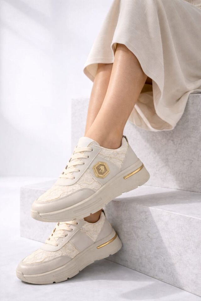 Dantel Detaylı Trend 5 Cm Platform Yüksek Taban Kadın Sneaker Spor Ayakkabı KREM - 40