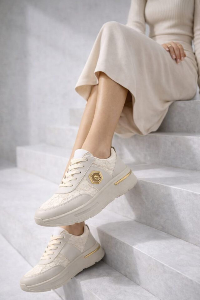 Dantel Detaylı Trend 5 Cm Platform Yüksek Taban Kadın Sneaker Spor Ayakkabı KREM - 40