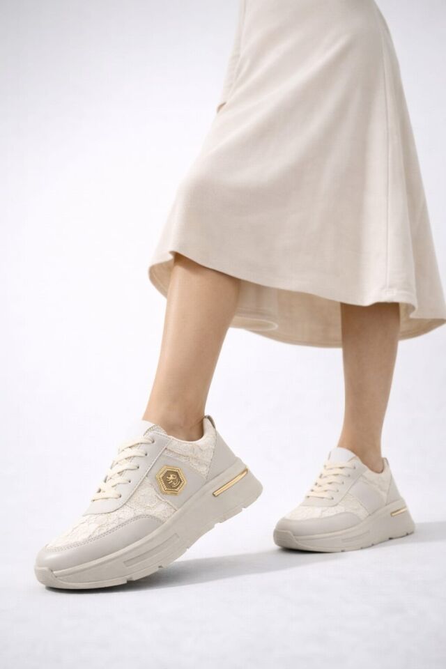 Dantel Detaylı Trend 5 Cm Platform Yüksek Taban Kadın Sneaker Spor Ayakkabı KREM - 40