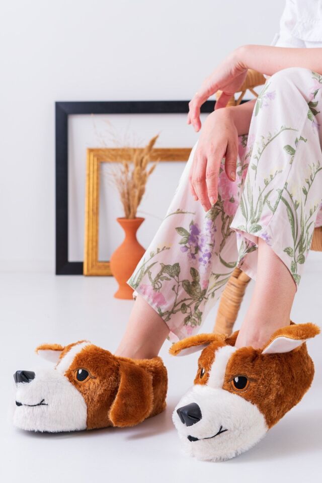 Köpek Figürlü Pudra Peluş Panduf Ev Pandufu TABA - 36-38