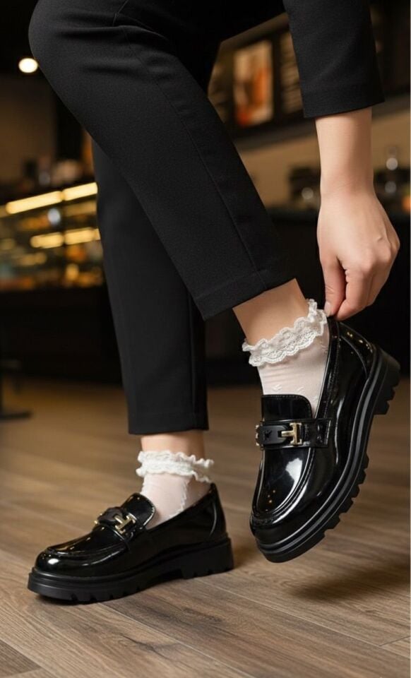 Kadın Kalın Taban Ortopedik Comfort Taban Deri Görünümlü Loafer – Siyah 709-RUGAN SİYAH - 37