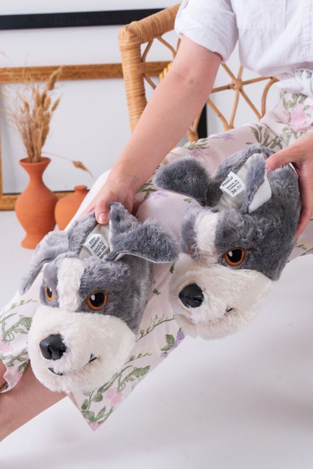Köpek Figürlü Pudra Peluş Panduf Ev Pandufu GRİ - 36-38