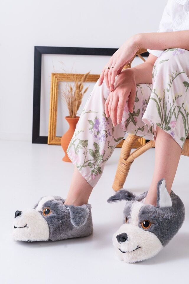 Köpek Figürlü Pudra Peluş Panduf Ev Pandufu GRİ - 36-38