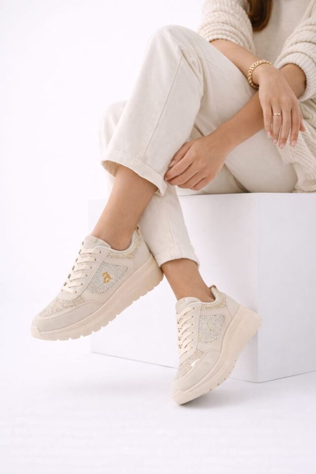 Taşlı Işıltılı Trend 5 Cm Platform Kadın Sneaker Kalın taban Spor Ayakkabı KREM - 37