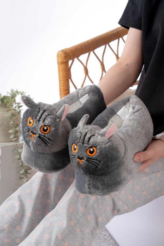 Kedi Figürlü Peluş Panduf Ev Pandufu Unisex GRİ - 36-38