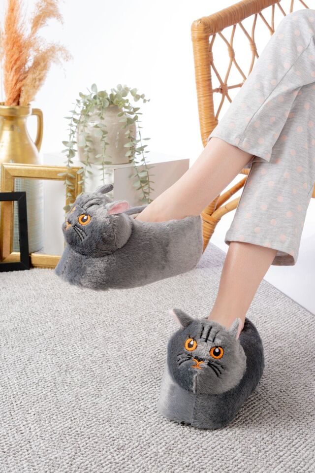 Kedi Figürlü Peluş Panduf Ev Pandufu Unisex GRİ - 36-38