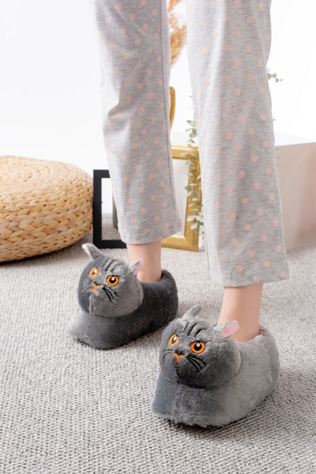 Kedi Figürlü Peluş Panduf Ev Pandufu Unisex GRİ - 36-38