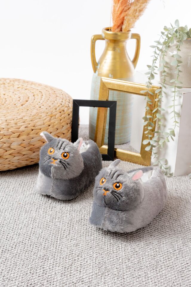 Kedi Figürlü Peluş Panduf Ev Pandufu Unisex GRİ - 36-38