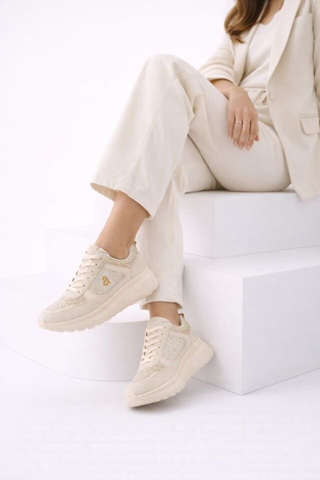 Taşlı Işıltılı Trend 5 Cm Platform Kadın Sneaker Kalın taban Spor Ayakkabı KREM - 40