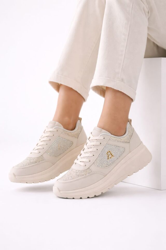 Taşlı Işıltılı Trend 5 Cm Platform Kadın Sneaker Kalın taban Spor Ayakkabı KREM - 40