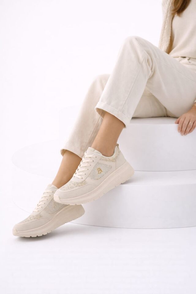 Taşlı Işıltılı Trend 5 Cm Platform Kadın Sneaker Kalın taban Spor Ayakkabı KREM - 40