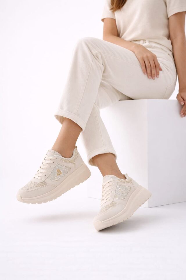 Taşlı Işıltılı Trend 5 Cm Platform Kadın Sneaker Kalın taban Spor Ayakkabı KREM - 40