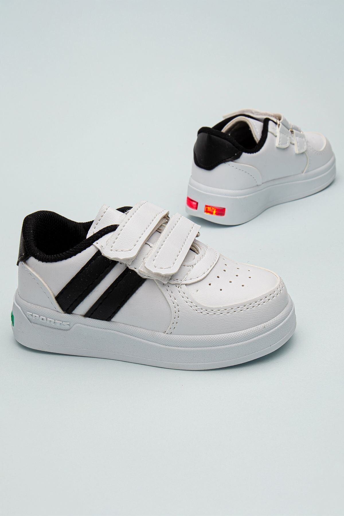 Kids Rahat Unisex Bebek Cırt Cırtlı Işıklı Çocuk Sneaker -Spor Ayakkabı BEYAZ-SİYAH - 27