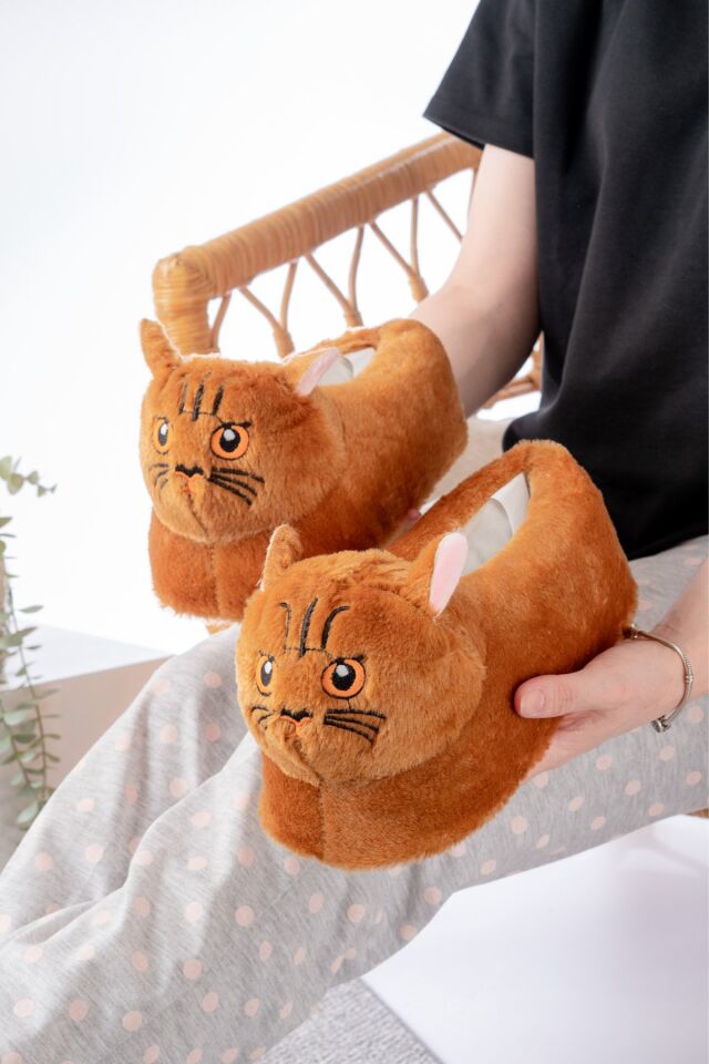 Kedi Figürlü Peluş Panduf Ev Pandufu Unisex TABA - 36-38