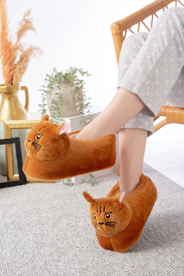 Kedi Figürlü Peluş Panduf Ev Pandufu Unisex TABA - 36-38