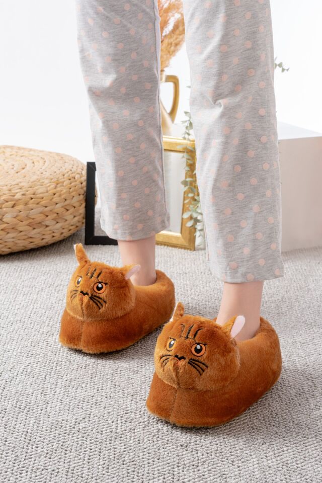 Kedi Figürlü Peluş Panduf Ev Pandufu Unisex TABA - 36-38