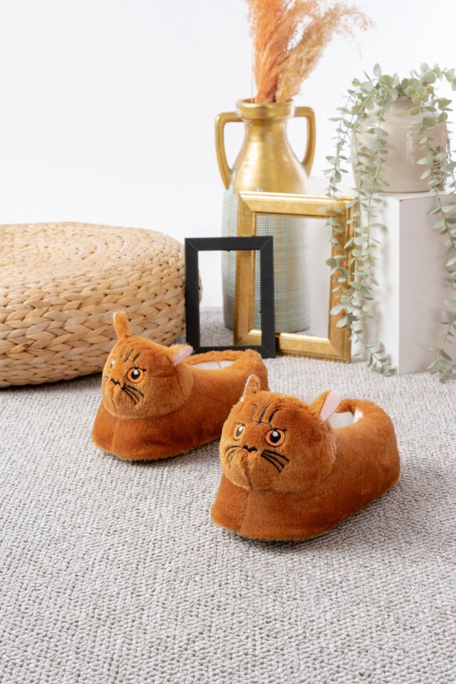 Kedi Figürlü Peluş Panduf Ev Pandufu Unisex TABA - 36-38