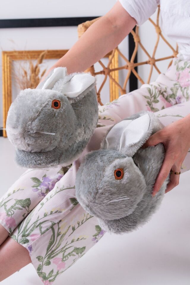 Tavşan Figürlü Gri Peluş Panduf Ev Pandufu Unisex GRİ - 38-40